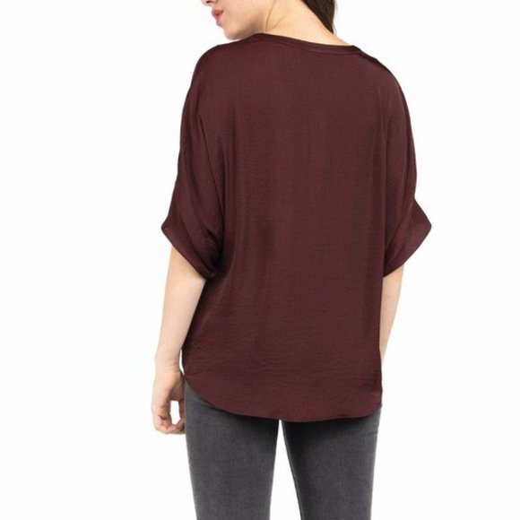 Wine V-Neck Flowy Blouse Dropped Sleeves - Picture 2 of 4